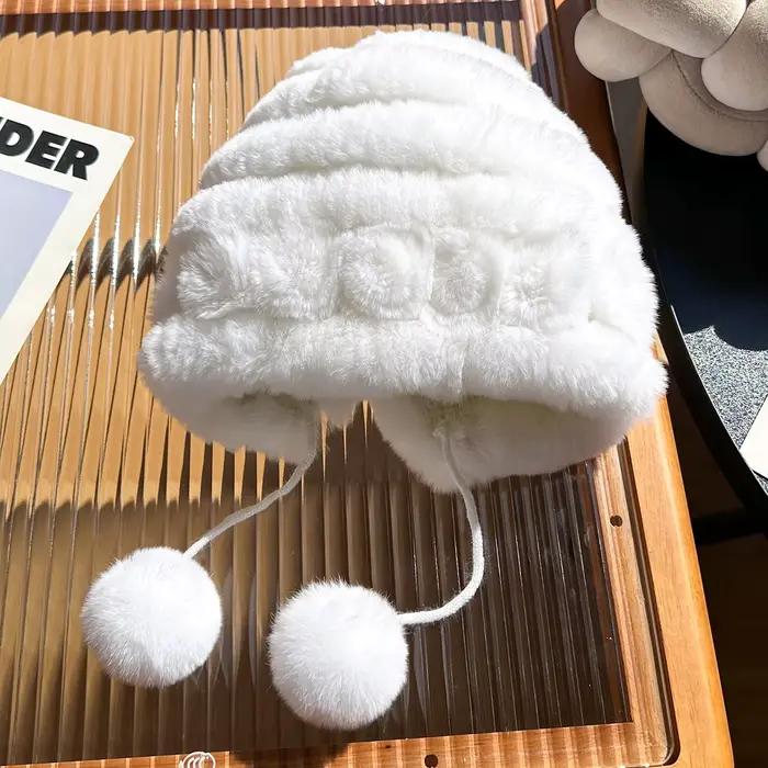 Chapeau en vraie fourrure de lapin Rex avec fleur, bonnet chaud d'hiver et d'automne, pompon, boule 