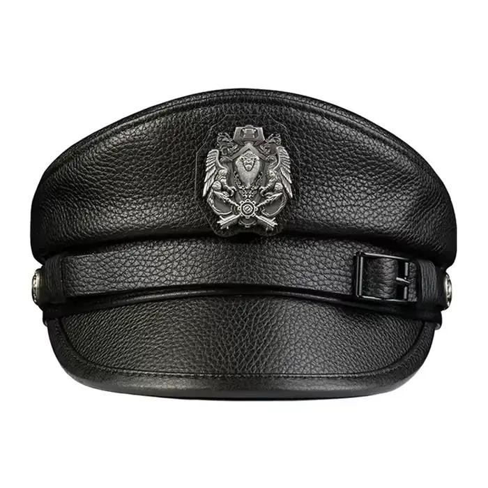 Casquettes de marin de capitaine en cuir pour hommes, Badge de ceinture à dessus plat en cuir de vac