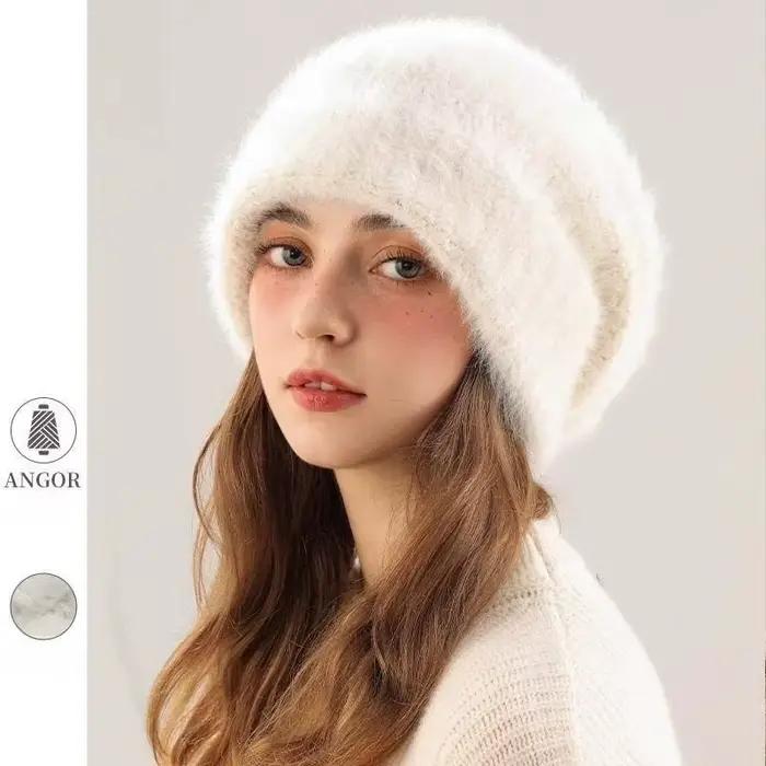 Bonnet tricoté surdimensionné en fourrure de lapin pour femme, bonnet d'hiver moelleux et chaud, Pro