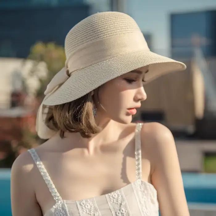Chapeau de paille coréen 2026 pour femme, chapeau de soleil à large bord pour la plage et l'extérieu
