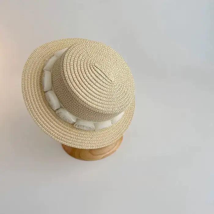 Casquettes de paille d'été pour bébé, chapeau de plage en dentelle à fleurs françaises, chapeau de s