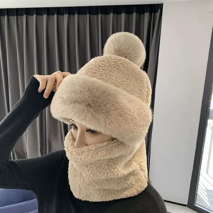 Extérieur femme plus chaud hiver capuche épaississement cou chaud couleur unie bonnet chapeau chapea