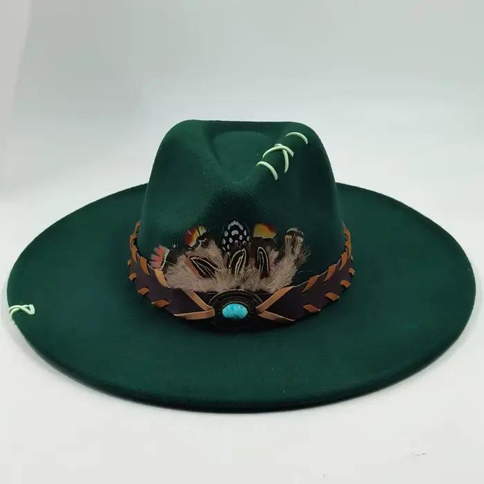 Chapeau en daim à large bord pour hommes et femmes, Fedoras en plumes, chapeau plat, chapeau de jazz