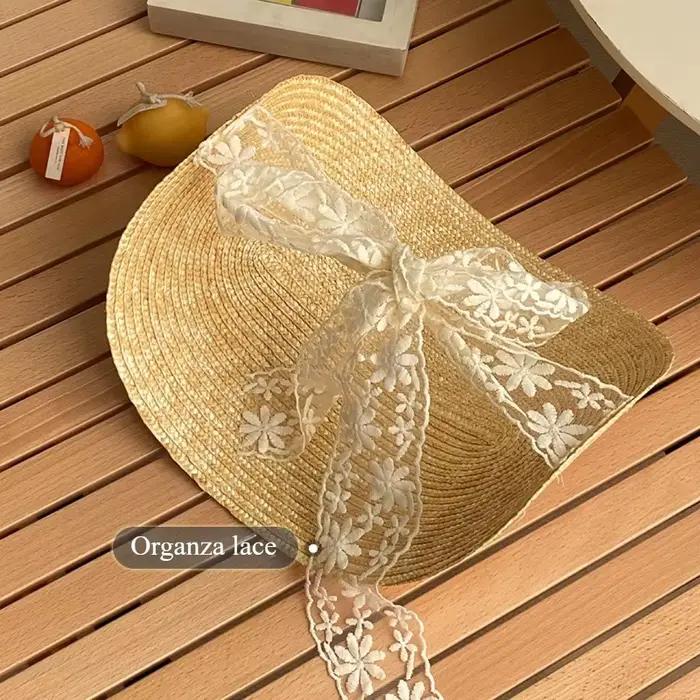 Chapeau de soleil rétro français en paille de blé avec nœud en dentelle monobloc pour femme, idéal p