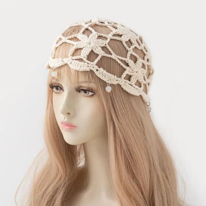 Bonnet tricoté ajouré style bohème pour femme, idéal printemps-été, polyvalent, rétro, avec perles e