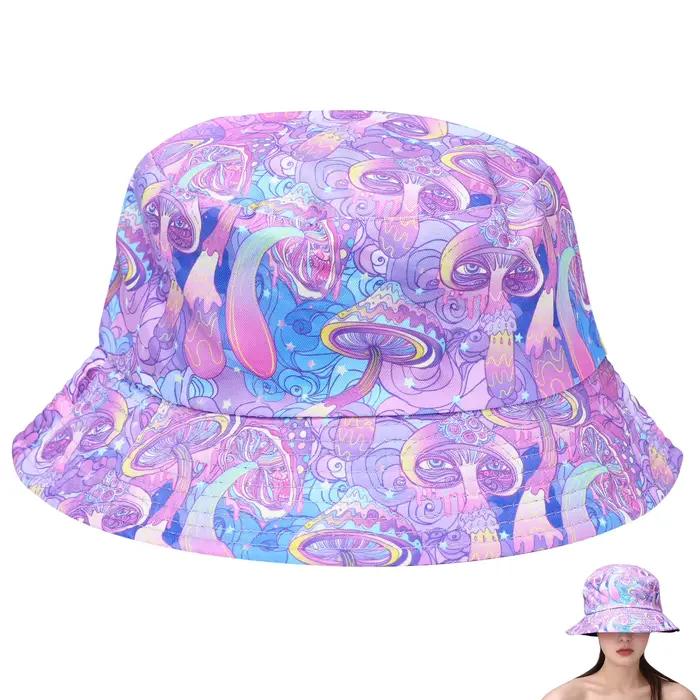 Chapeau de pêcheur violet rétro Double face imprimé champignon femme soleil vacances chapeau pot de 