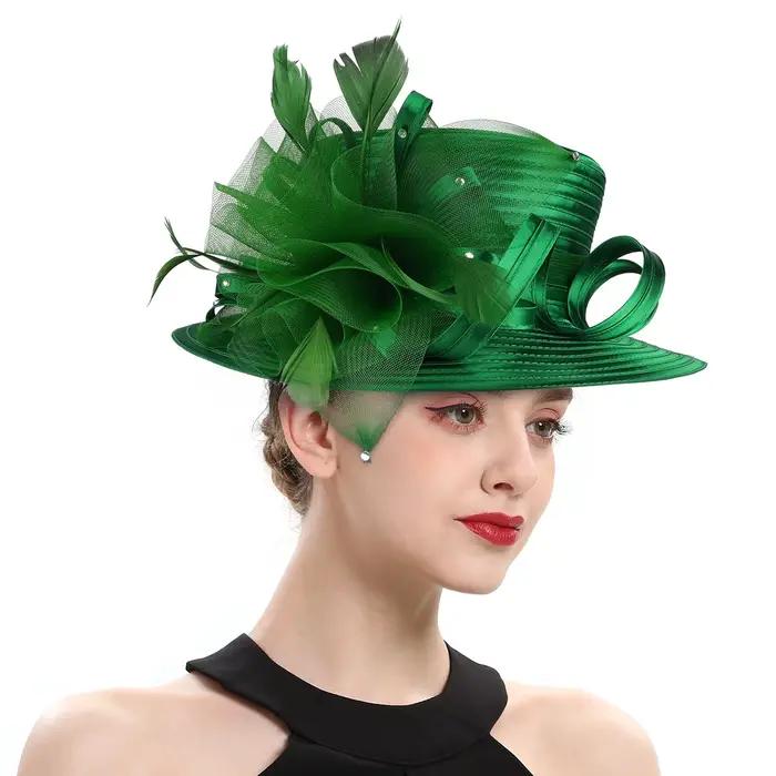 Chapeau de cocktail en satin vert élégant pour femmes, chapeaux de photographie, chapeau formel, hau