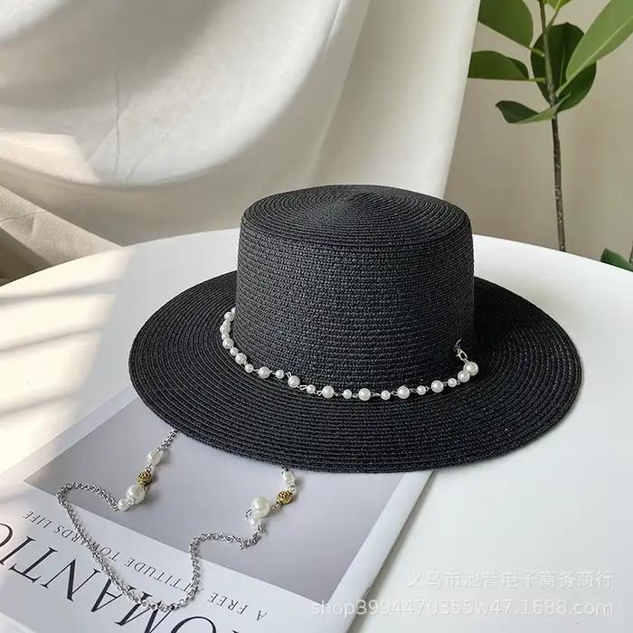 Chapeau de bateau en paille avec chaîne de perles pour femmes, Vintage français, Protection UV à lar
