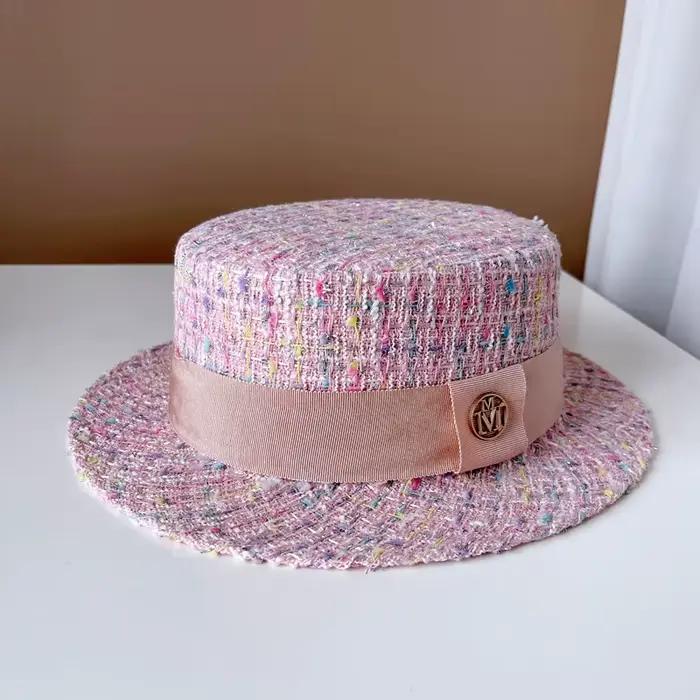 Chapeau haut-de-forme plat en Tweed français pour femmes, chapeau thermique d'automne et d'hiver, co