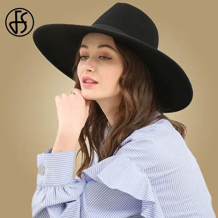 FS – Chapeau Fedora en Feutre pour Femme, élégant, noir, à large bord, Jazz, église, avec nœud, Pana