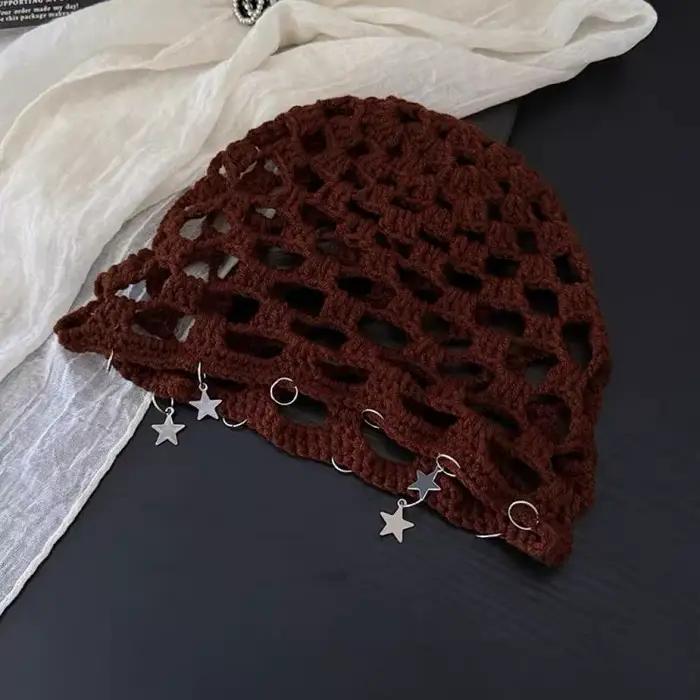㉹ Bonnet tricoté bohème ajouré en crochet avec étoile pour femme – Élégant, respirant et décontracté