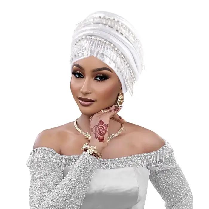 Couvre-chef africain femmes perles glands Turban casquette mariage nigérian Auto Gele fête casque tê