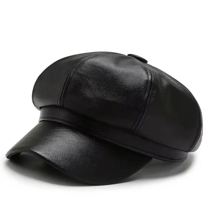 Chapeau octogonal en cuir pour femmes, béret rétro décontracté de Style britannique, mignon, mode po
