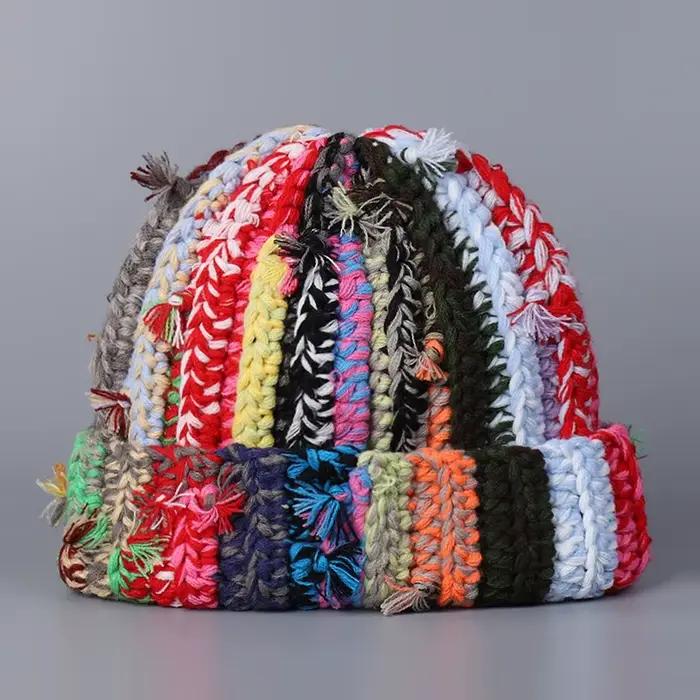Chapeau en laine tricoté multicolore torsadé pour femme, fait à la main, industrie lourde, couleur D