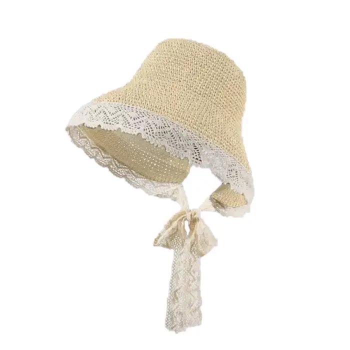 Grand chapeau de paille à large bord de style français, tressé ajouré, avec dentelle, protection UV,
