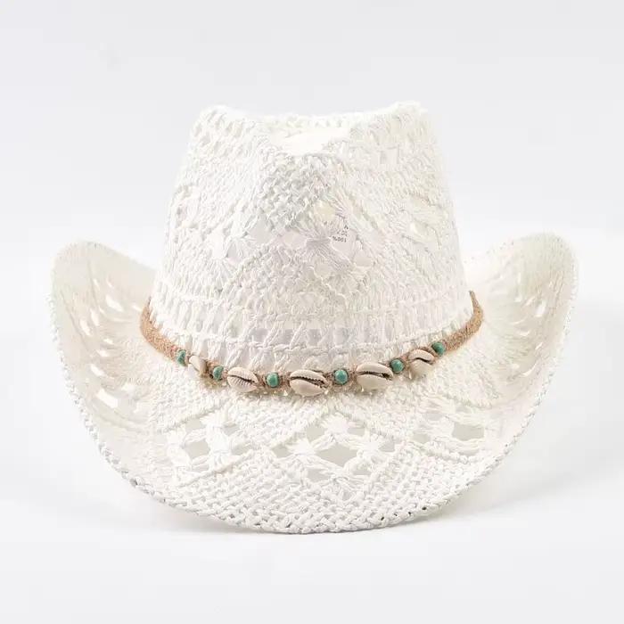 Chapeau de paille pour femme, décoration coquillage, chapeau de plage ajouré à large bord, chapeau d