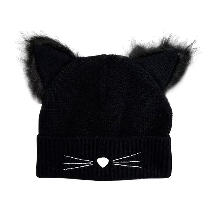 Chapeau d'hiver chaud pour femmes laine tricoté oreilles de chat Faux vison chapeaux Skullies fourru
