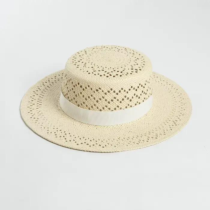 Chapeau de soleil de plage 100% paille, casquettes à dessus plat, chapeaux de bateau, Protection sol
