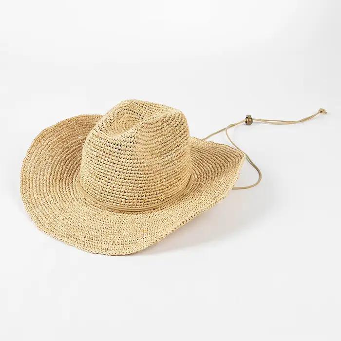 Chapeau de cowboy en raphia pour femmes, chapeau de paille naturelle, casquette de cow-girl occident