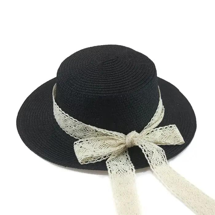Chapeau de plage pour femmes et petites filles, en paille, solide, plat, nœud papillon, dentelle, dé