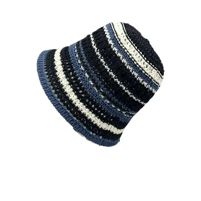 Chapeau Bob Tricoté Coloré à Rayures, Style Pêcheur, Respirant et Ajouré, Protection Solaire, pour l