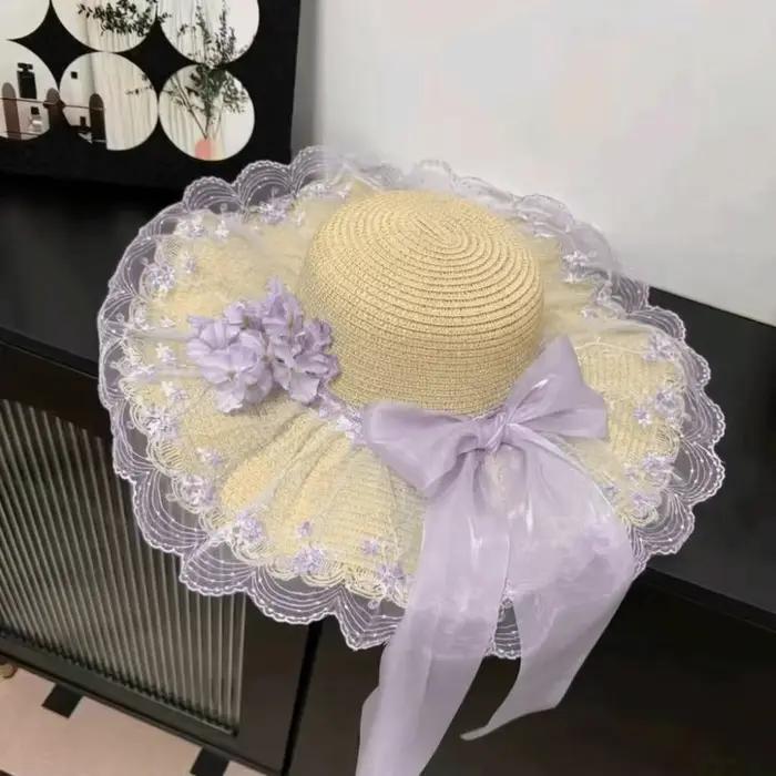 Chapeau de paille pour femme à motif floral, respirant, élégant, avec bord en dentelle, chapeau de s