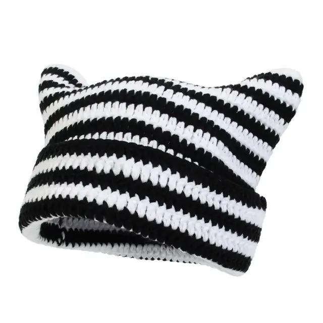 Bonnet japonais pour femme, motif petit diable rayé, en laine tricotée, avec oreilles de chat mignon