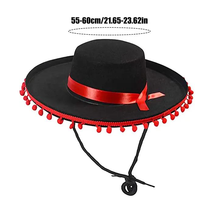 Chapeau mexicain avec pompons, couvre-chef mexicain à large bord, chapeaux sombrero flamenco de fête