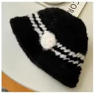 Chapeau en vraie fourrure de vison pour femmes, mode automne-hiver, casquette chaude tricotée rayée 