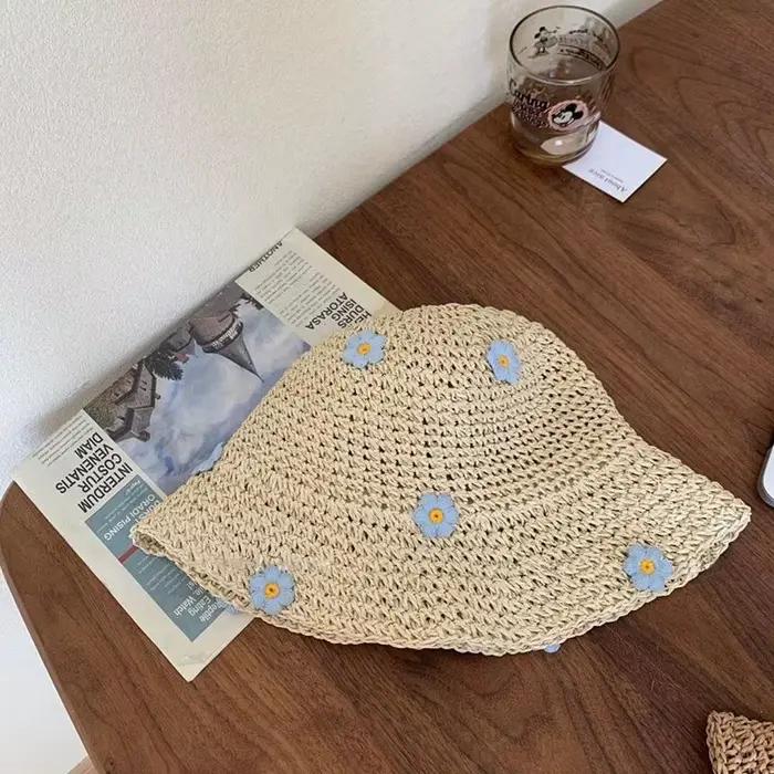 Chapeau de soleil d'été pour femmes, casquette de bord de mer en plein air, chapeau de paille à fleu