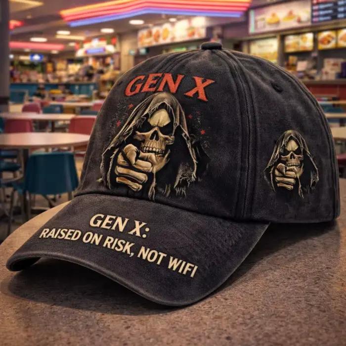 Casquette de baseball rétro punk Gen X avec motif Grim Reaper - Chapeau vintage ajustable et vieilli