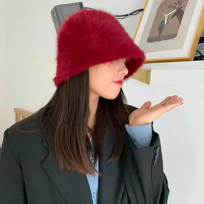 Bonnet en fourrure de lapin monochrome pour homme et femme, chapeau seau rétro, bassin en laine tric