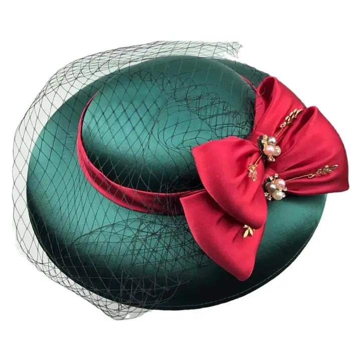 Grand Chapeau de Mariage Vert pour Femme avec Voile et Nœud, Fascinator Élégant Style Français, Chap