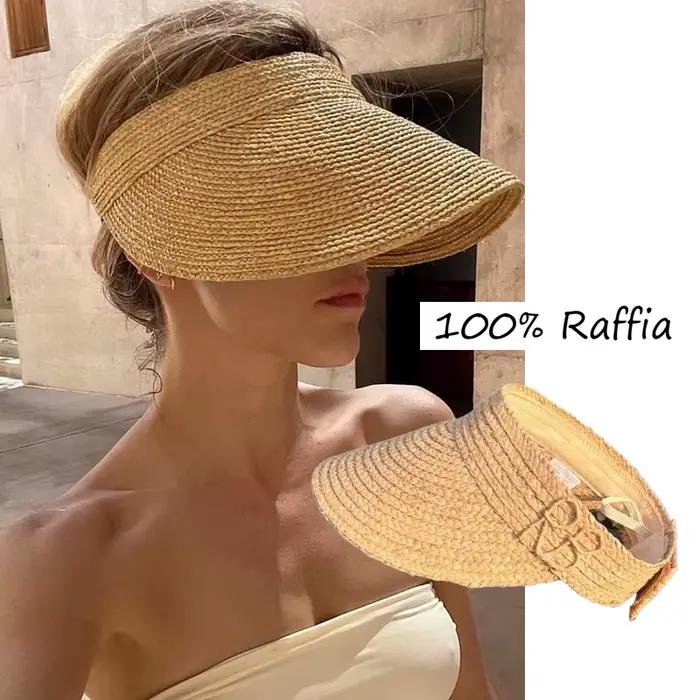 Chapeau de soleil en raphia fait main à dessus ouvert avec lettres, chapeau de plage d'été, chapeau 