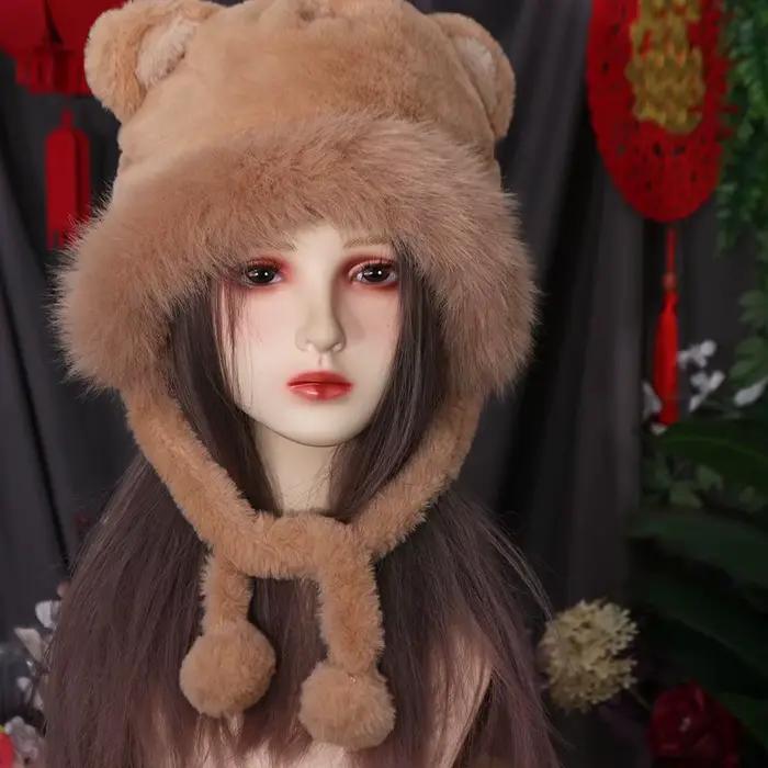 Mode coréenne mignon ours oreille chapeau chaud décontracté fausse fourrure seau chapeau en plein ai
