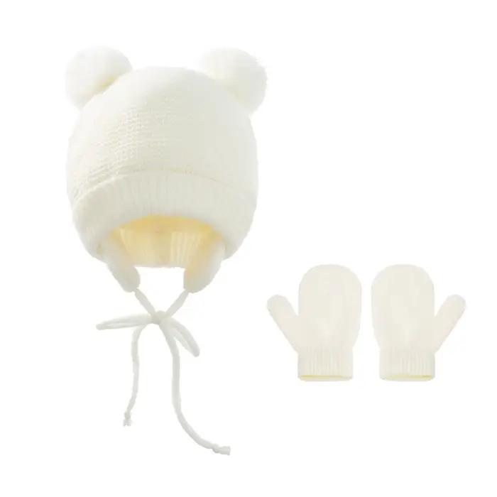 Ensemble bonnet et gants tricotés pour enfants, bonnets doublés sourire, bonnet chaud, boule en pelu