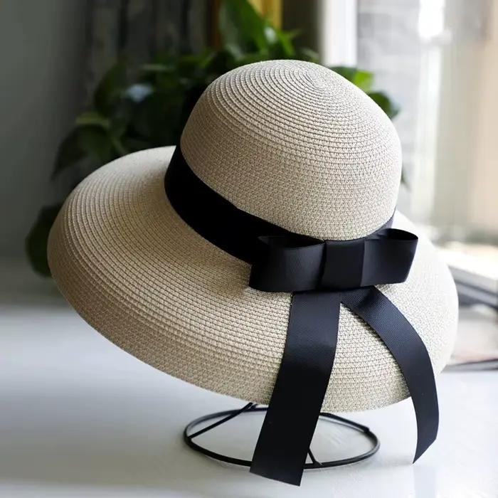 Chapeau de paille vintage français noir à ruban pour femme, grand bord, protection UV, idéal pour la