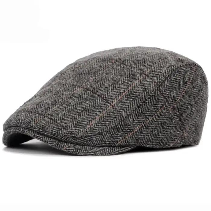 Béret en laine à carreaux rétro pour hommes, casquette plate avancée, classique, vintage, rayé, auto