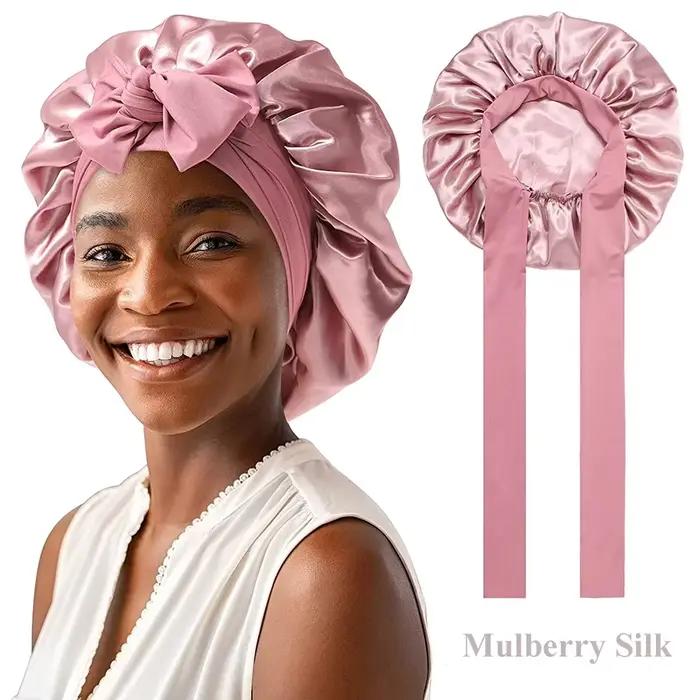 Bonnet de couchage en soie de mûrier pour femmes, cheveux bouclés, réglable, en Satin, large bande é