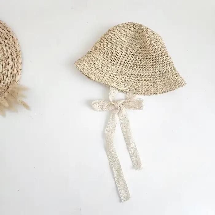 Mode dentelle bébé chapeau été paille arc bébé fille casquette plage enfants Panama chapeau princess