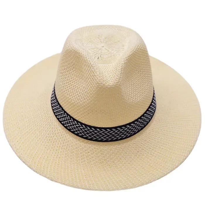 Chapeau de paille unisexe tendance couleur unie pour hommes et femmes, grand bord pare-soleil, style