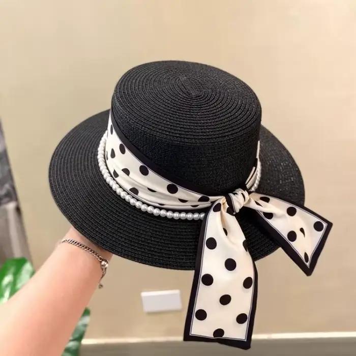 Chapeau de paille tendance pour femme avec ruban à pois et perles, chapeau dôme à large bord pour l'