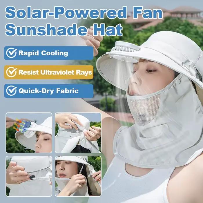 Chapeau de soleil à large bord avec ventilateur solaire, protection UV, écharpe intégrée détachable,