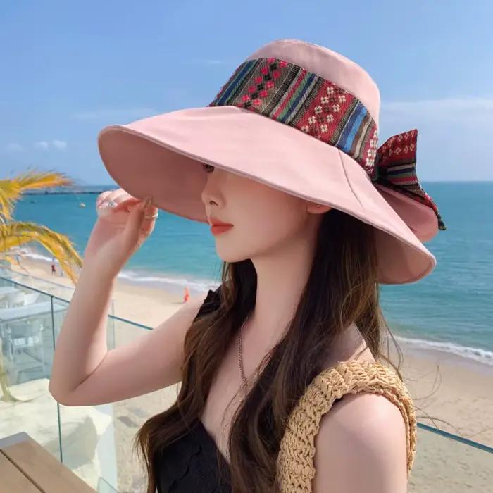 Chapeau de soleil rétro anti-UV pour femme, couleur unie, style ethnique, avec nœud, chapeau de pêch