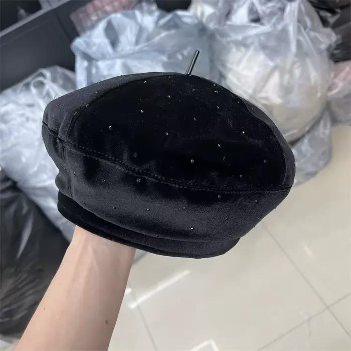 Béret en velours noir pour femme, chapeau de peintre chaud, diamant complet, niche rétro, dame, auto