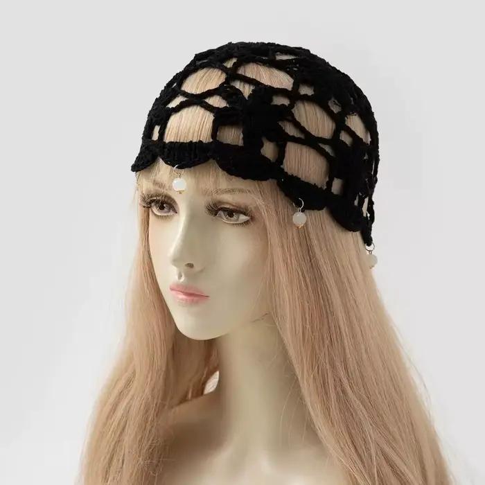 Bonnet tricoté style bohème avec fleur au crochet, fait main, style coréen, ajouré, accessoires vest