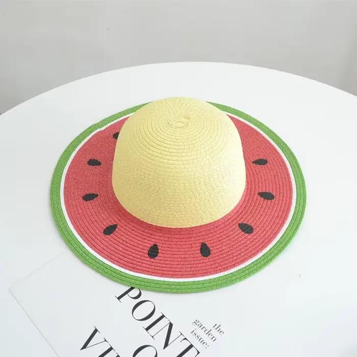 Chapeau de paille pastèque assorti pour parents et enfants, chapeau d'été à large bord, Protection s
