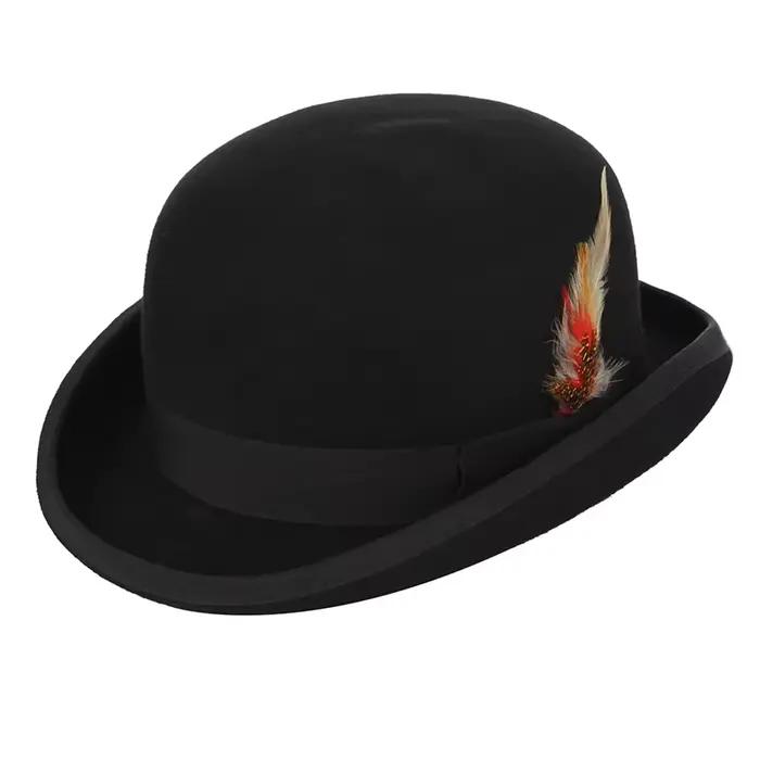 Chapeau melon Derby noir en feutre de laine 100% pour hommes et femmes, doublure en Satin, mode fête