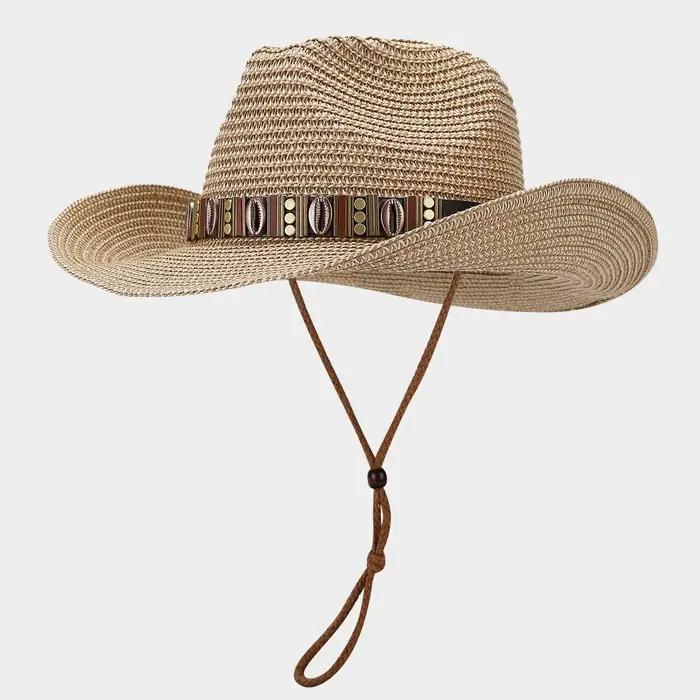Chapeau de paille Panama rétro de style western, unisexe, avec sangle coupe-vent/conception anti-chu