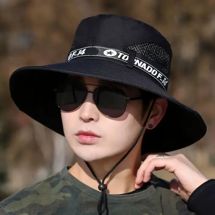 Chapeau d'extérieur coupe-vent pour homme, haut plat à large bord, imprimé lettre, sangle anti-UV, é